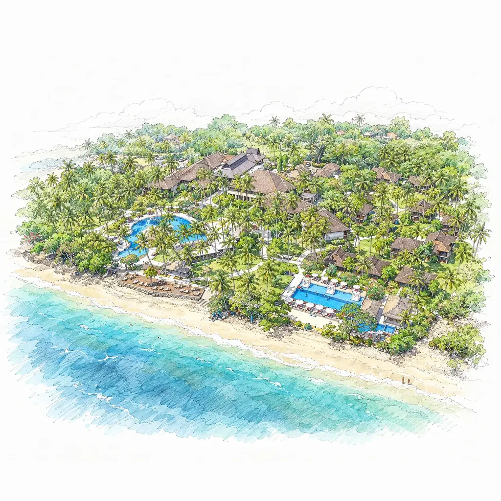 Watercolour illustration of Holiday Resort Lombok on Senggigi Beach