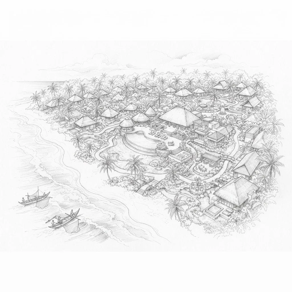 Ilustrasi sketsa pensil Holiday Resort Lombok, Senggigi